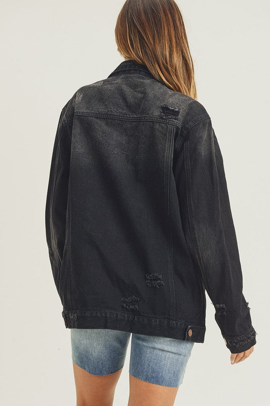 RISEN Distressed Cotton Denim Jean Jacket Long Sleeve Black Button-up Collar