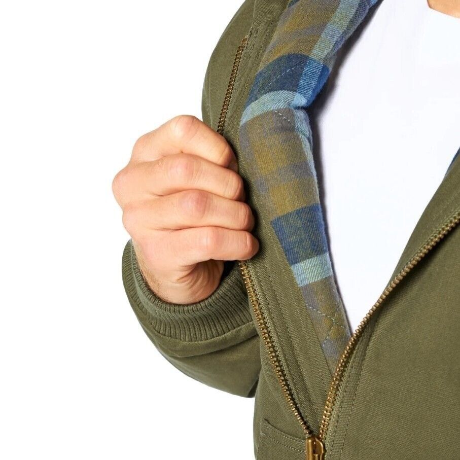 Woolrich Men's Canvas Hooded Jacket Plaid Kangaroo Pocket Zipper Hoodie Green