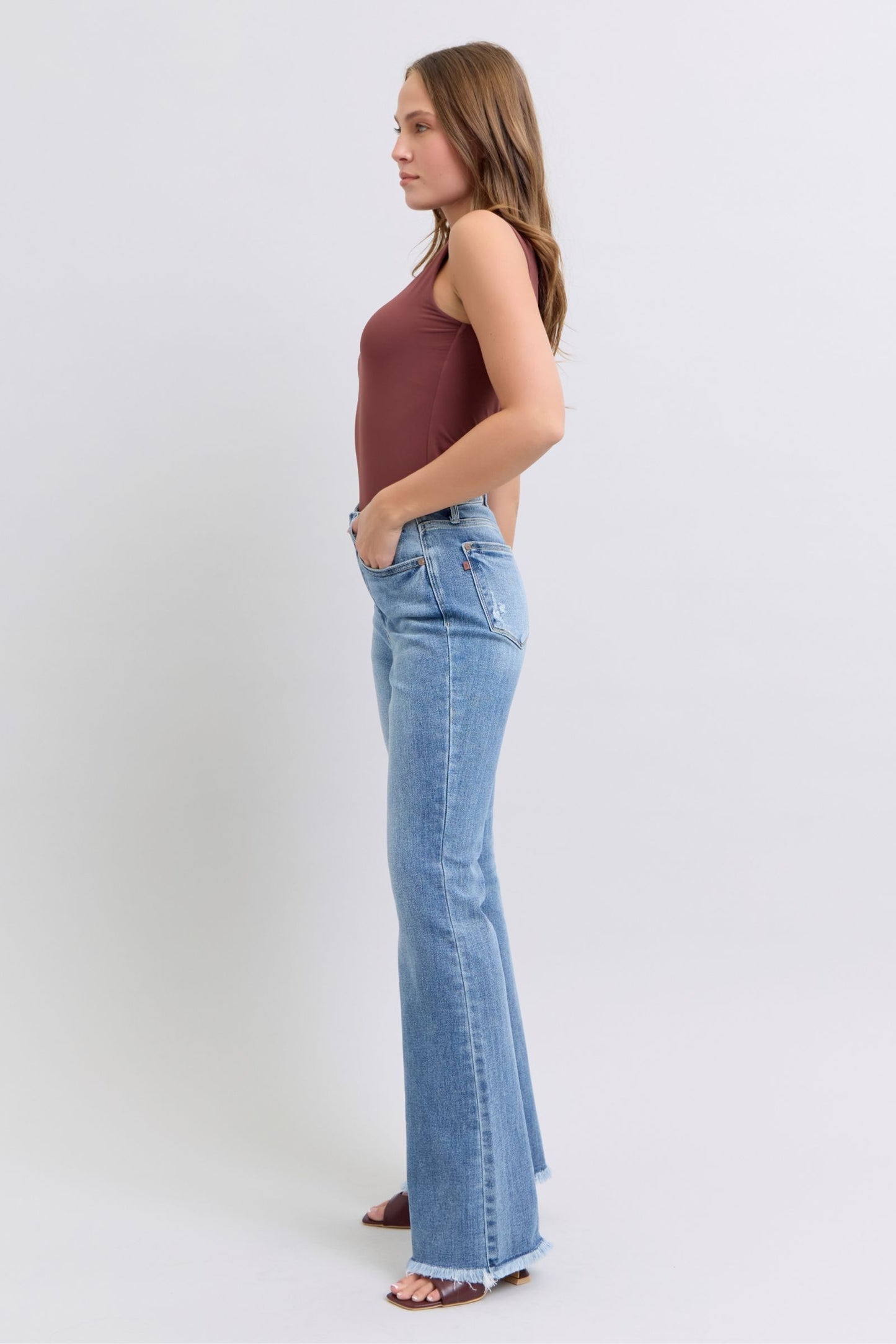 Judy Blue High-Rise Waist Bootcut Jeans Distressed Raw Hem Boyfriend Denim Pants