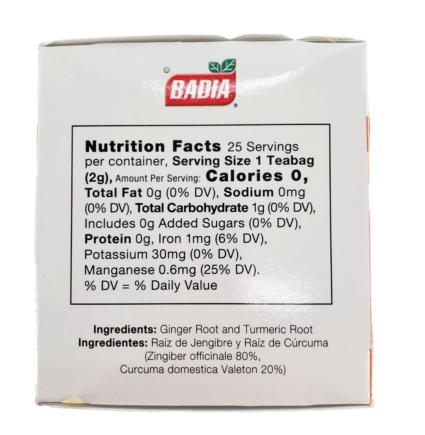 Badia Ginger & Turmeric Tea Bags Anti-inflammatory & digestive Tea 25 bags/box