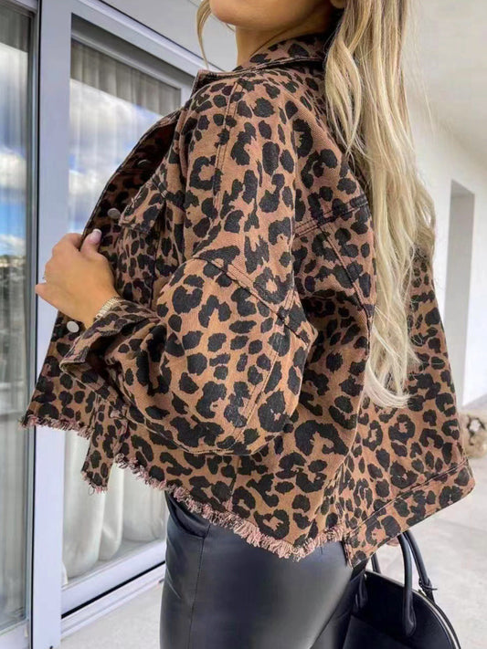 Leopard Animal Print Denim Jean Jacket Full Button Front Classic Collar Distressed Hem