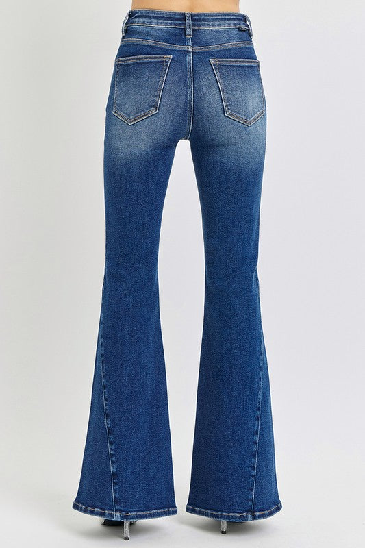 RISEN High-Rise Jeans Button Fly Flare Bell-Bottom Distressed Slim Fit Denim Pants