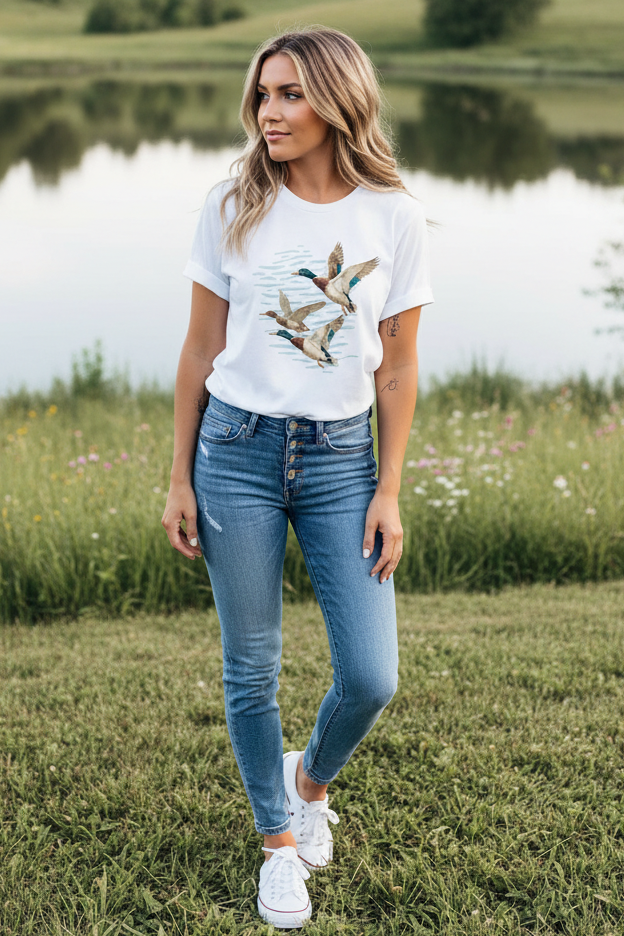 Mallard Duck Lake Country Western Wildlife Graphic Top Cuffed Sleeve T-Shirt