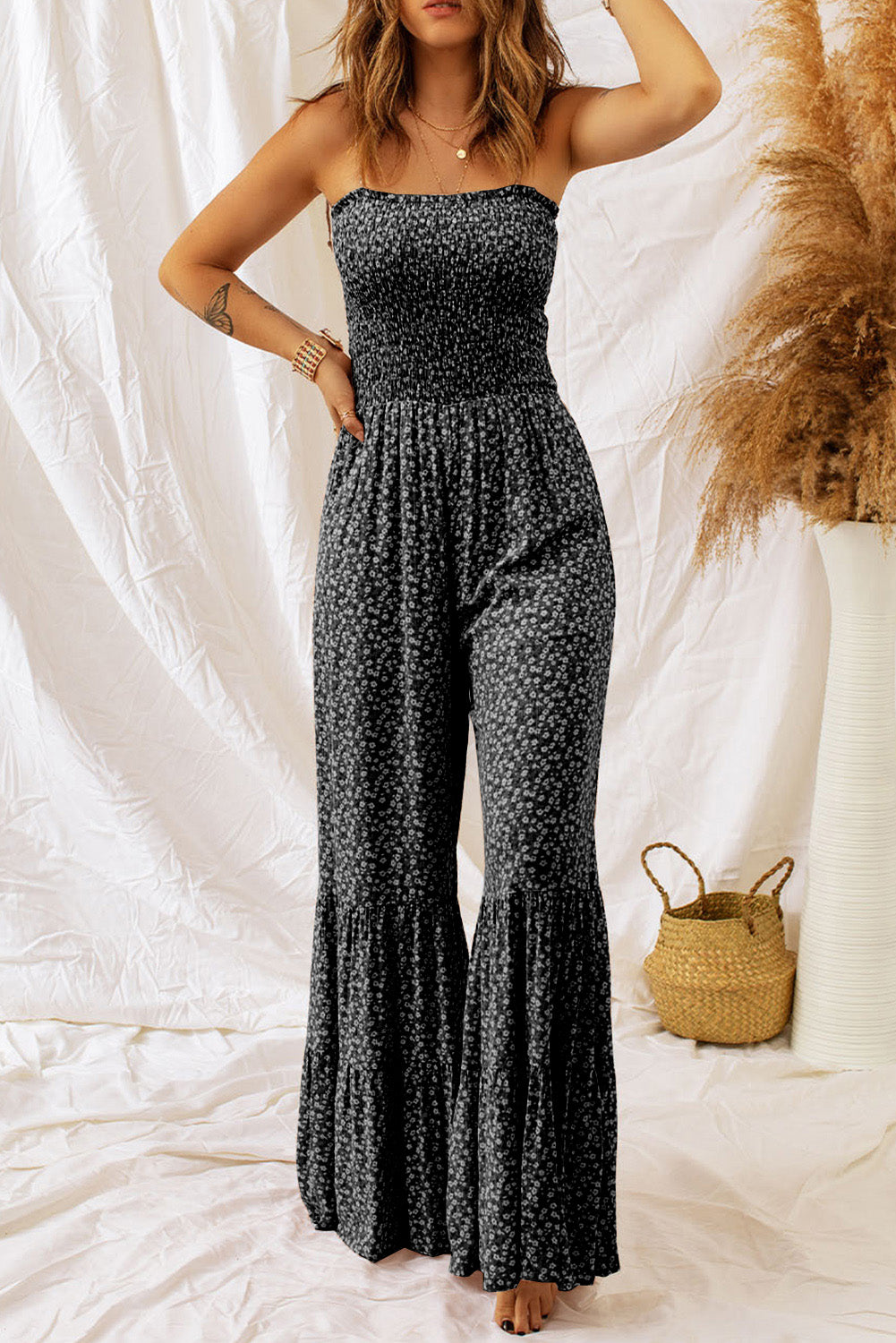 Retro Hippie Pant One-piece Smocked Tiered Wide Leg Bell Bottom Jumpsuit
