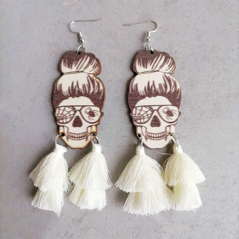 Messy Bun Wood Skeleton Tassel Dangle Earrings Halloween Artisan Jewelry