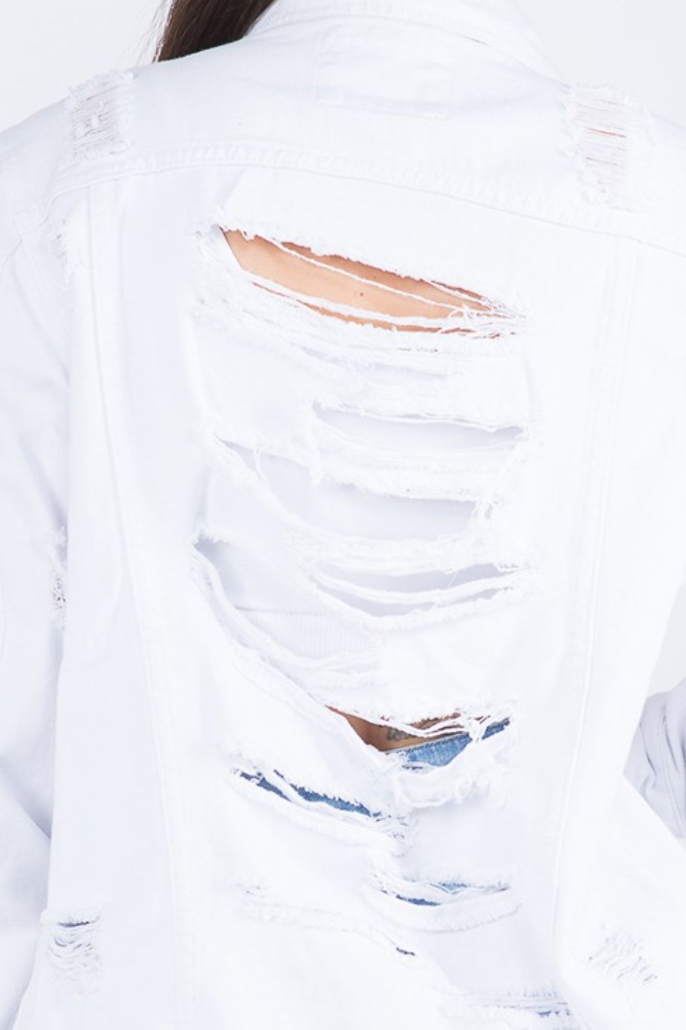 American Bazi Torn Distressed Hole Cotton Denim Button-Up White Jean Jacket