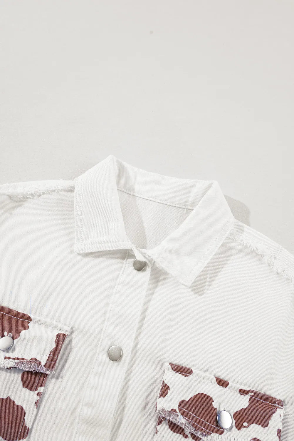 Cow Patchwork Oversized Denim Button-Up Collar Jean Jacket Frayed Exposed Seam