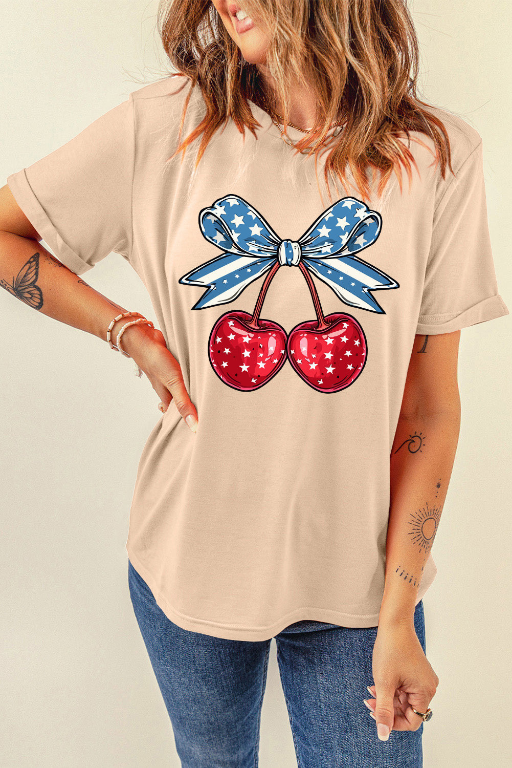 Cherry Bow American Flag Graphic Shirt Americana Patriotic Short Sleeve Top