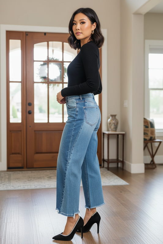 Risen High-Rise Baggy Tapered Barrel Jeans Two-Tone Denim Crop Raw Hem Pants Plus Size Available
