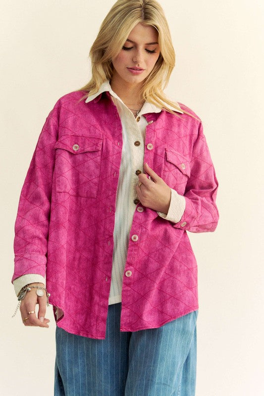 Davi & Dani Denim Shacket Diamond Quilt Stitching High Low Oversized Jean Shirt Jacket