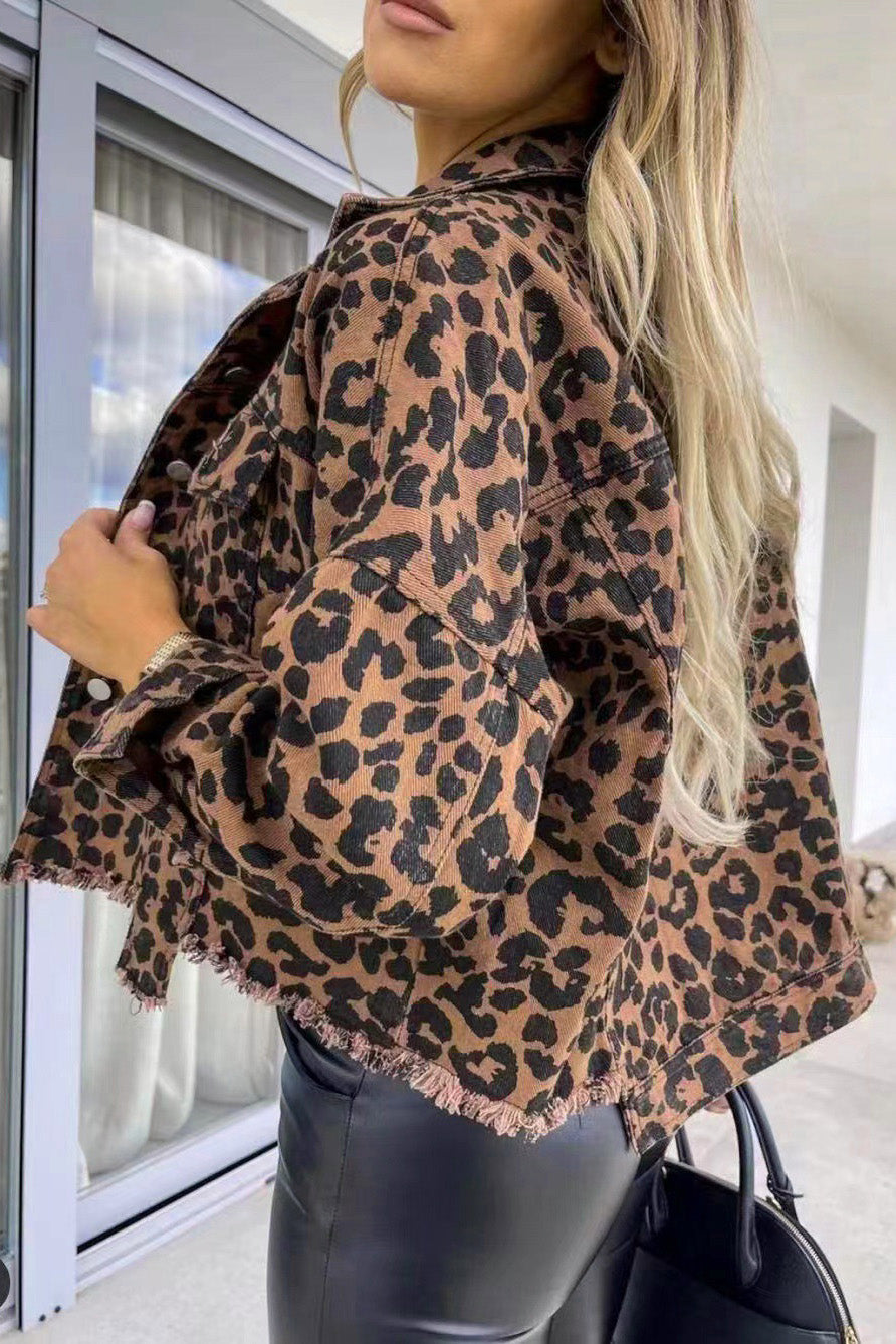 Leopard Print Denim Distressed Jean Jacket Button-Up Classic Collar Mobwife Glam
