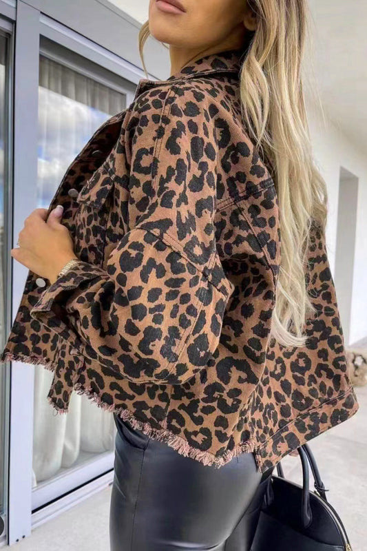 Leopard Print Denim Distressed Jean Jacket Button-Up Classic Collar Mobwife Glam
