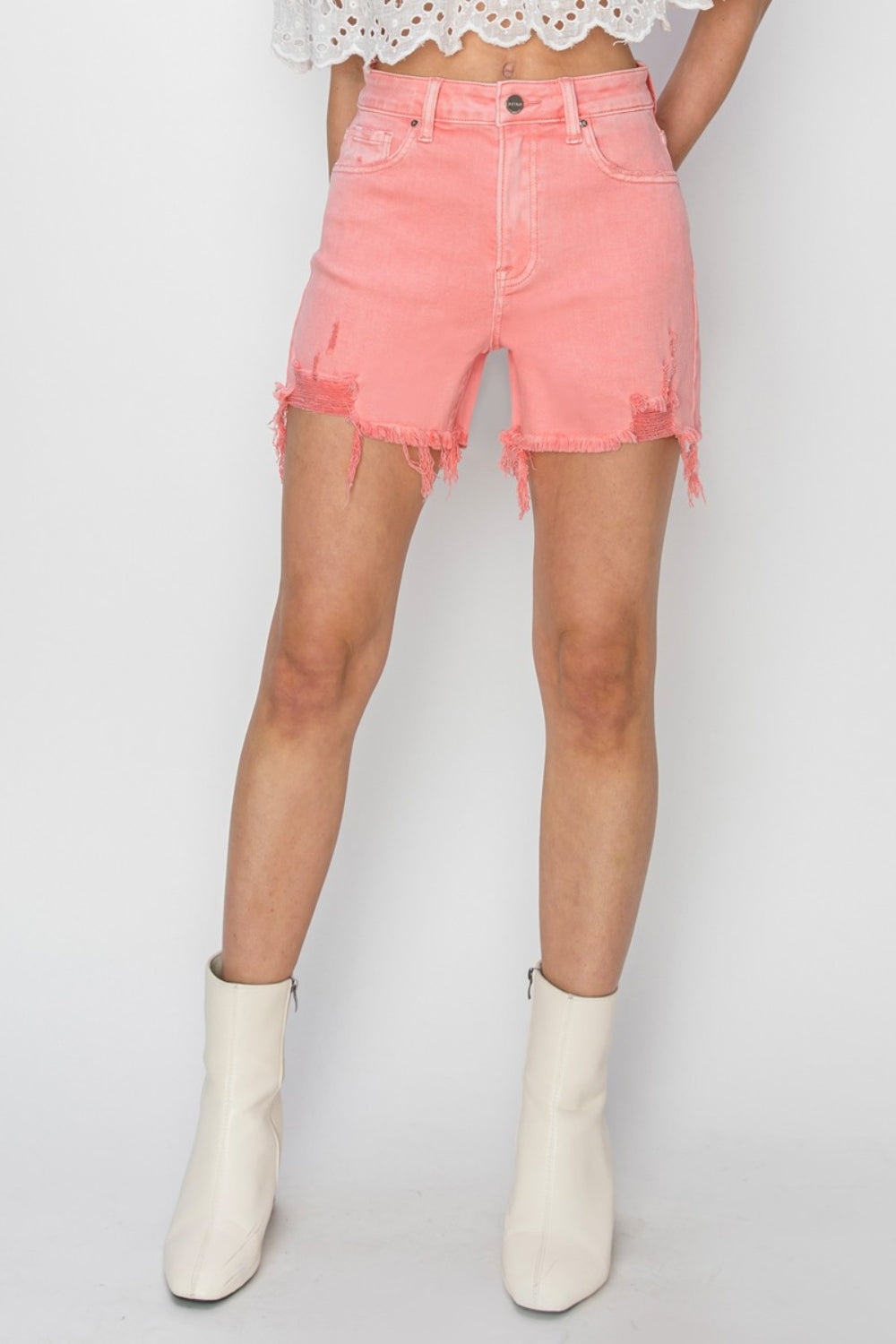 Pink High Rise Waist Distressed Denim Cut-off Frayed Mid-length Jean Shorts RISEN