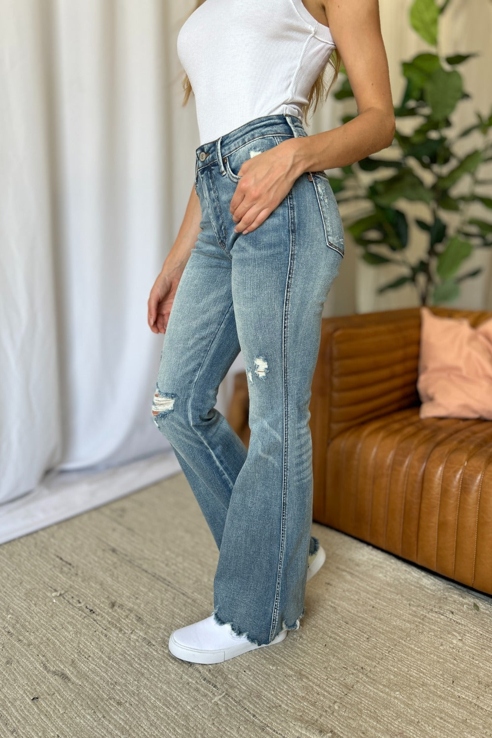 Judy Blue Mid-Rise Tummy Control Jeans Flare Hem Retro Distressed Denim Pants