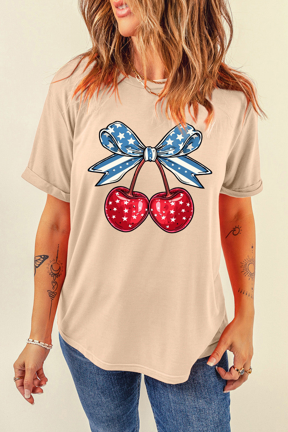 Cherry Bow American Flag Graphic Shirt Americana Patriotic Short Sleeve Top