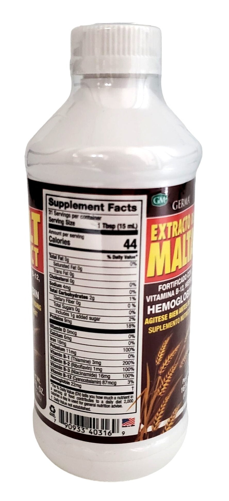 Germa Liquid Malt Extract Fortified B-12 Iron Hemoglobin 16oz bottle