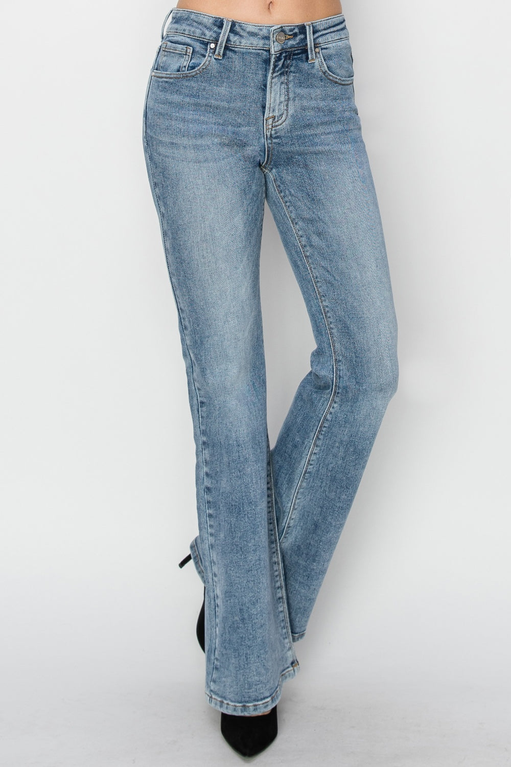 RISEN Classic Mid-Rise Jeans Slim Traditional Bootcut Wide Hem Denim Pants