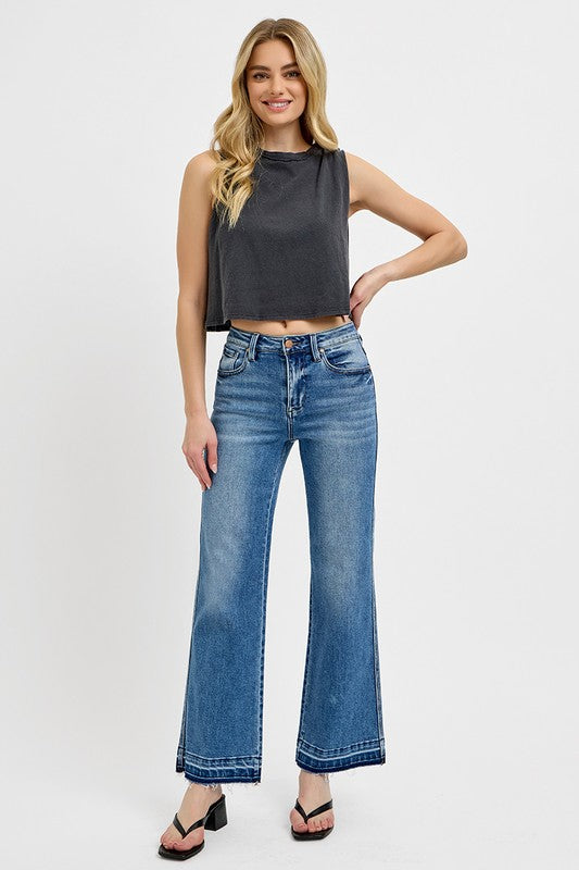 RISEN High-Rise Bootcut Ankle Cut Mom Jeans Relaesed Raw Hem Denim Pants