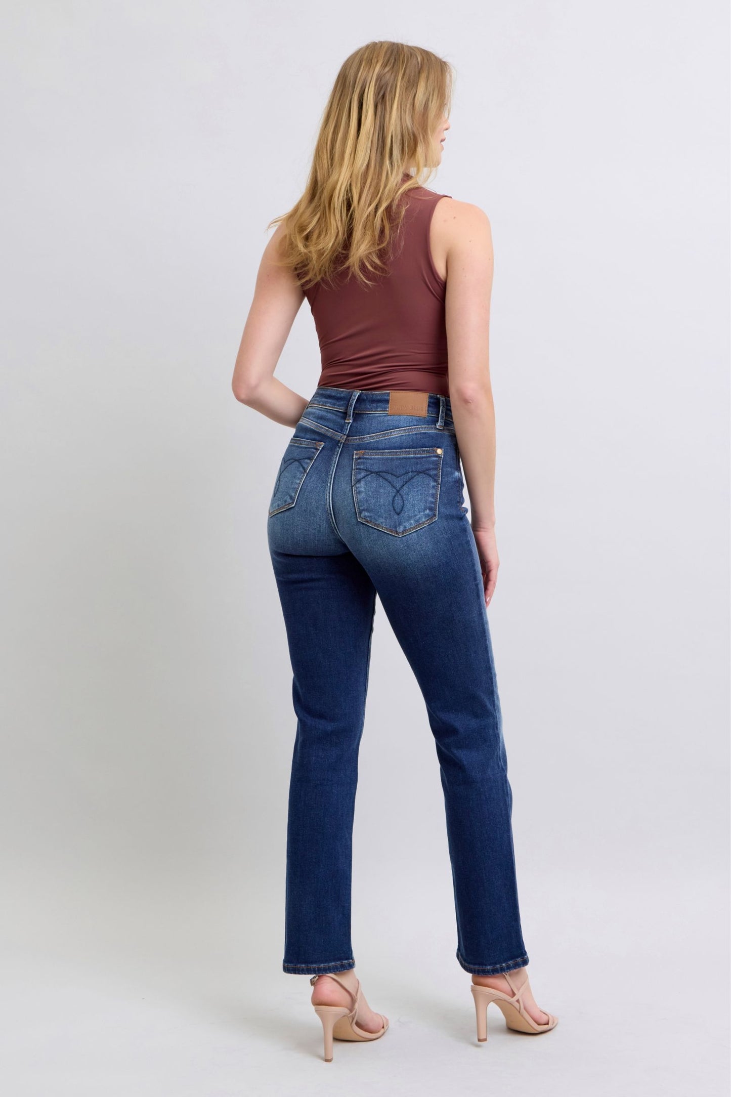 Judy Blue Thermal High-Rise Straight Leg Slim Fit Embroidered Jeans Washed Denim Pants