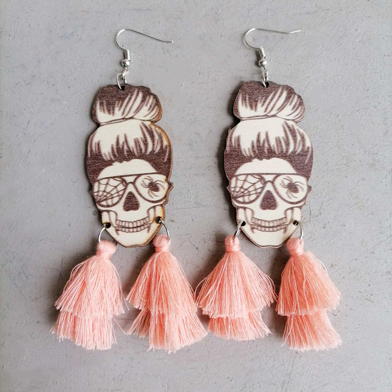 Messy Bun Wood Skeleton Tassel Dangle Earrings Halloween Artisan Jewelry