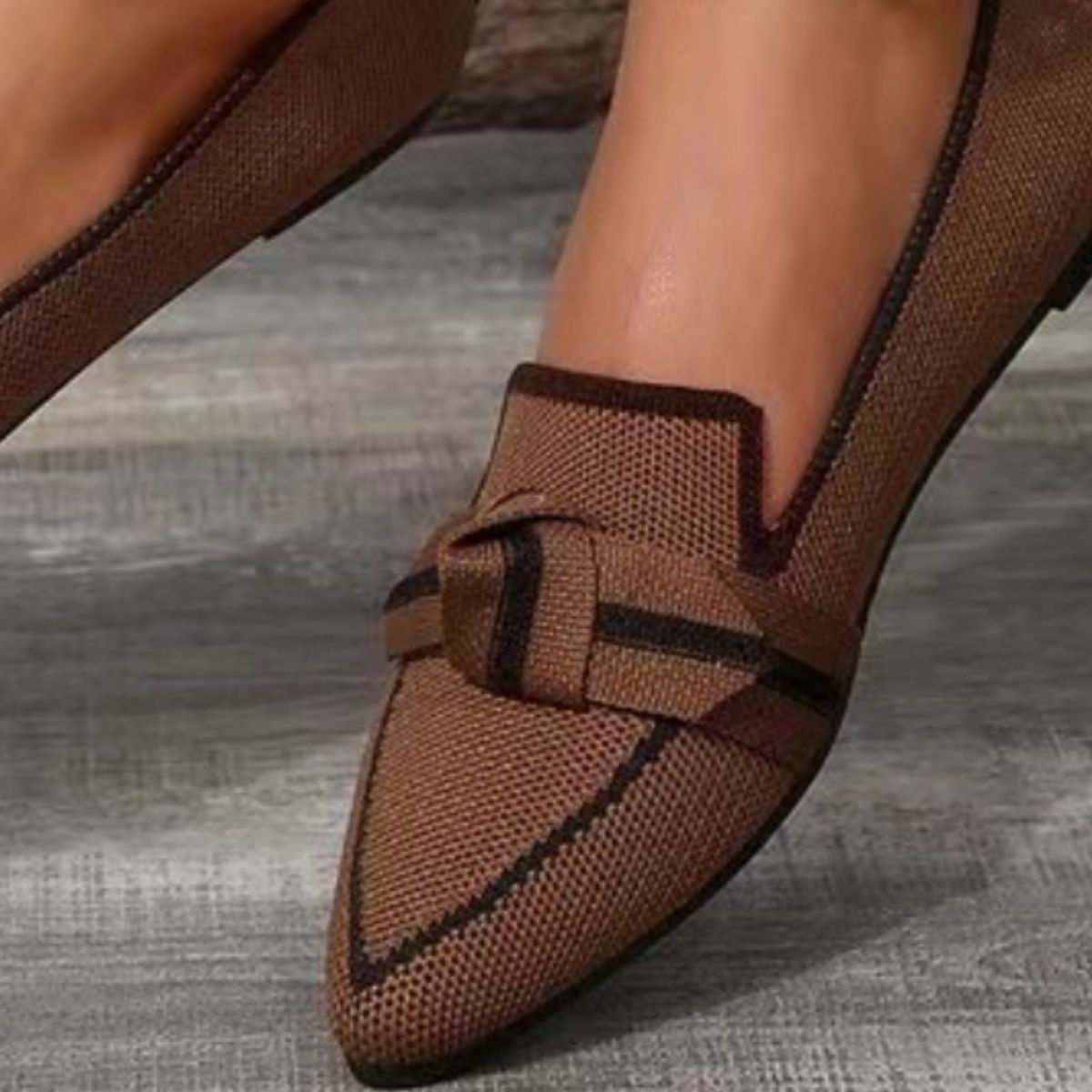 Pointed Bow Top Knit Contrasting Stripe Ballet Flat Casual Loafer Slip-on Shoes