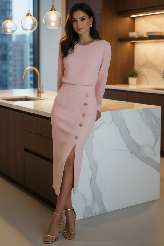 Long Sleeve Dress Round Neck Button Accent Side Pockets Slit Midi