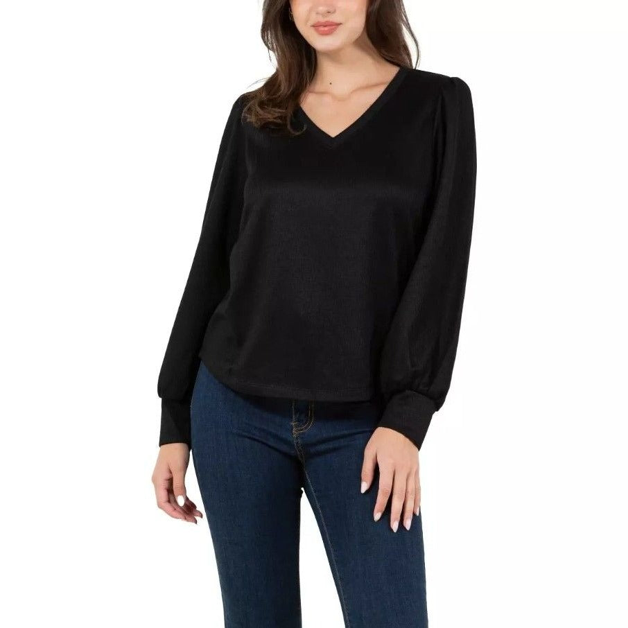 Fever Rib Knit Long Sleeve V-neck Top Midweight Ribbed Knit Relaxed Fit Sweater Black