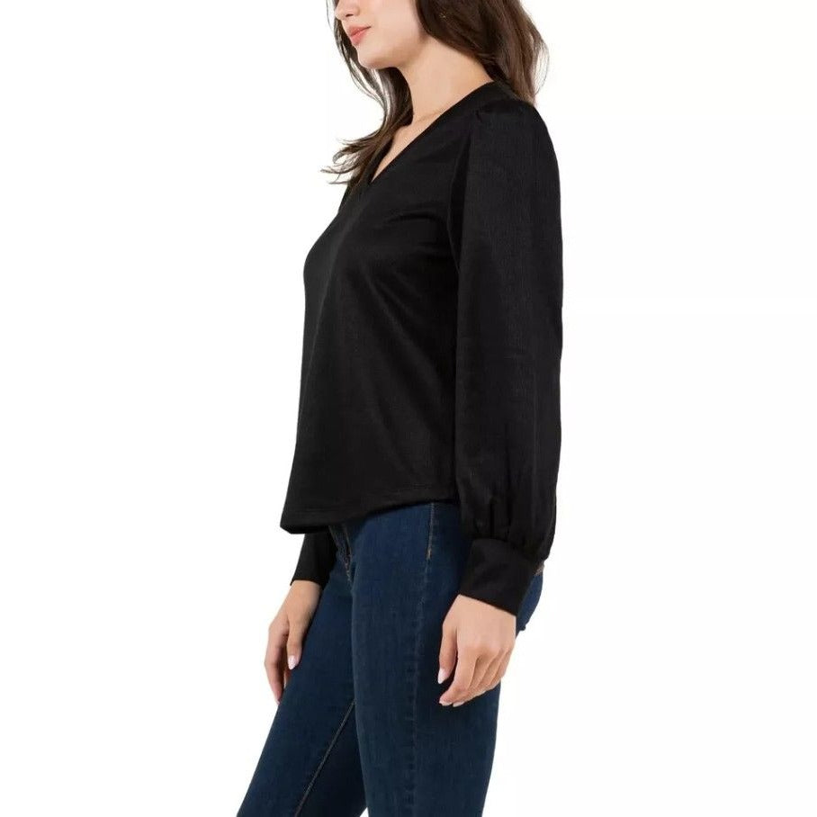 Fever Rib Knit Long Sleeve V-neck Top Midweight Ribbed Knit Relaxed Fit Sweater Black