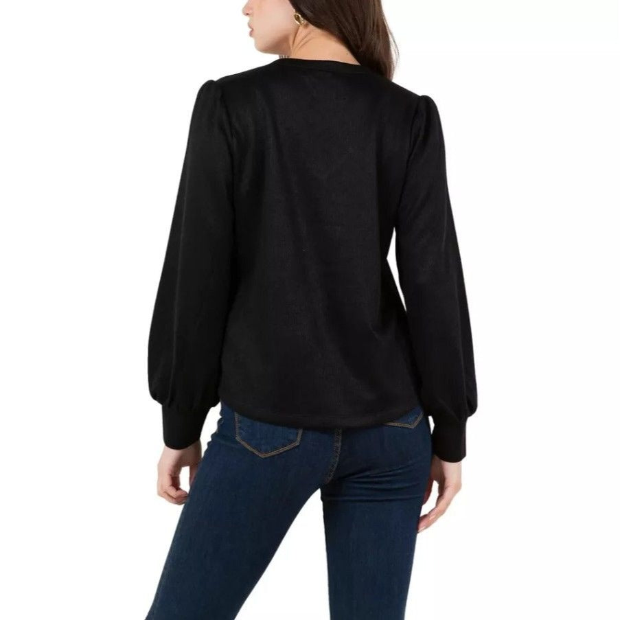 Fever Rib Knit Long Sleeve V-neck Top Midweight Ribbed Knit Relaxed Fit Sweater Black