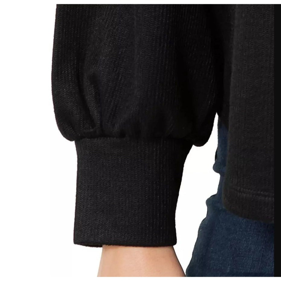 Fever Rib Knit Long Sleeve V-neck Top Midweight Ribbed Knit Relaxed Fit Sweater Black