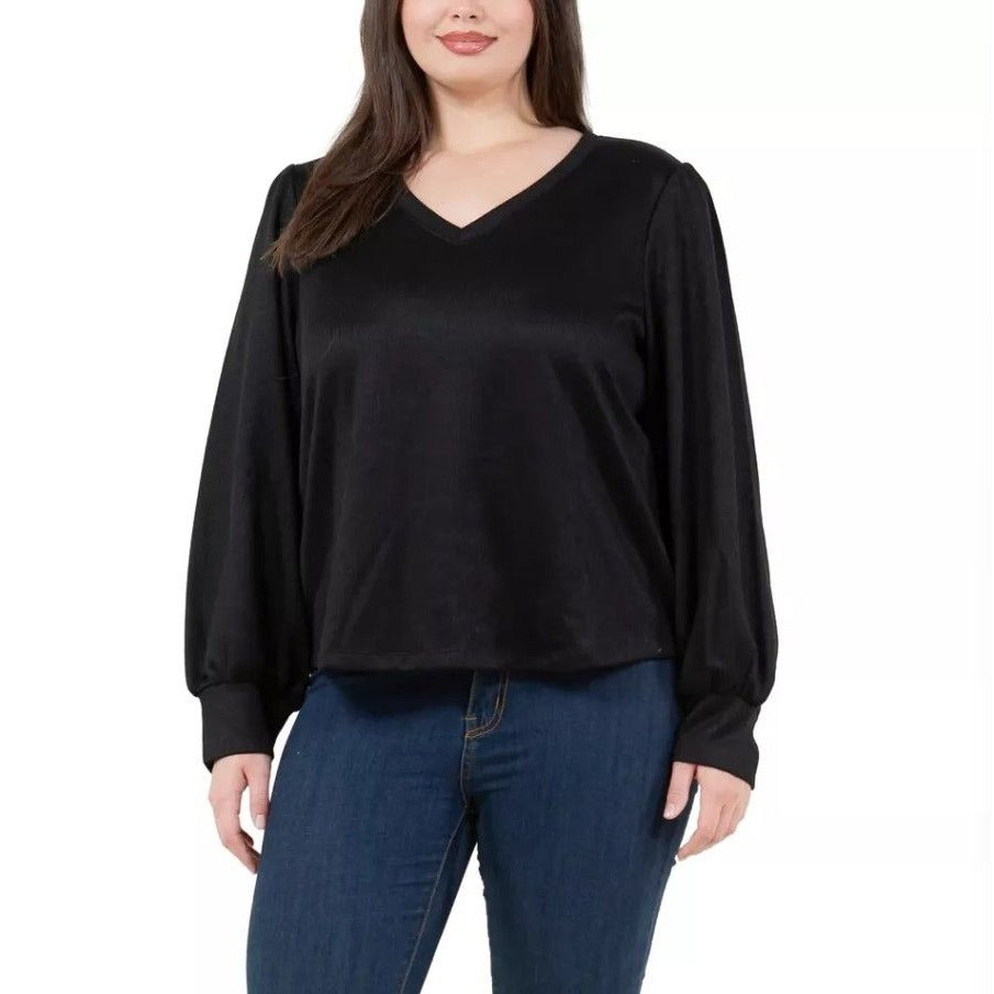 Fever Rib Knit Long Sleeve V-neck Top Midweight Ribbed Knit Relaxed Fit Sweater Black