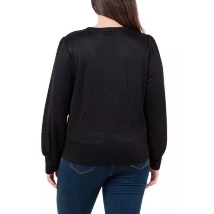 Fever Rib Knit Long Sleeve V-neck Top Midweight Ribbed Knit Relaxed Fit Sweater Black