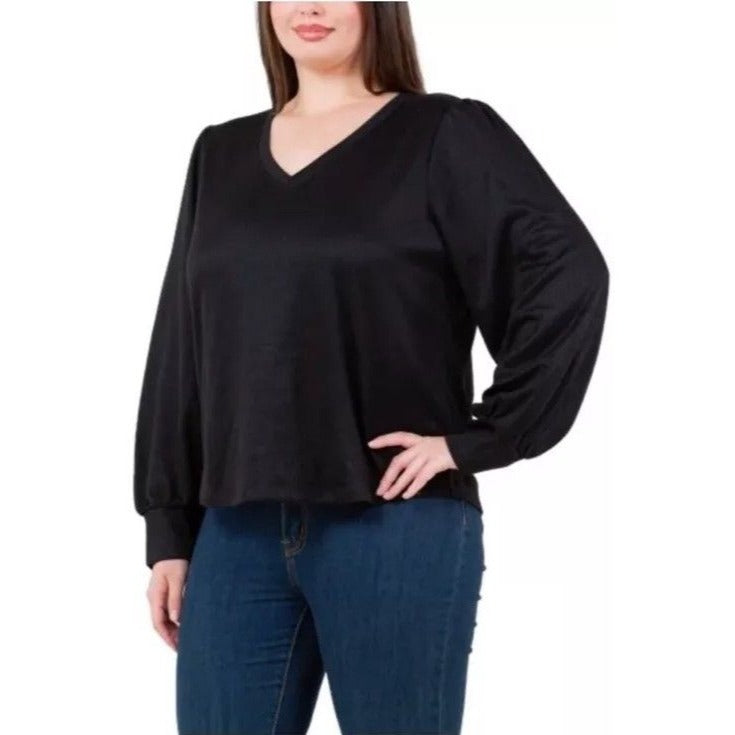 Fever Rib Knit Long Sleeve V-neck Top Midweight Ribbed Knit Relaxed Fit Sweater Black