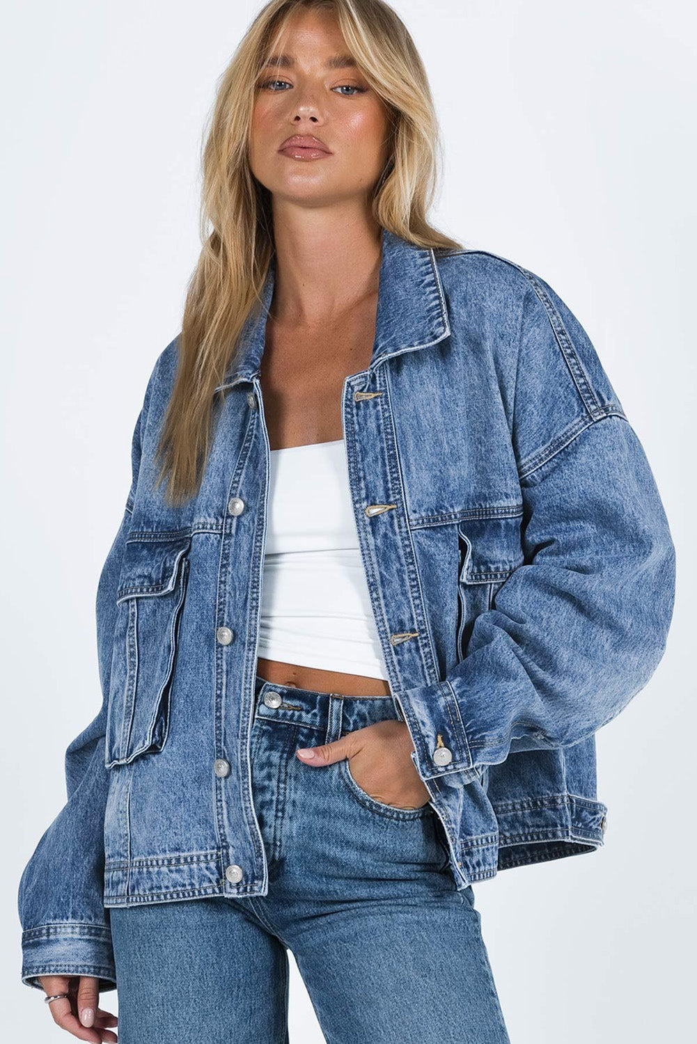 Oversized Denim Jacket Button-Up Collared Retro 90s Boyfriend Heavy Blue Jean
