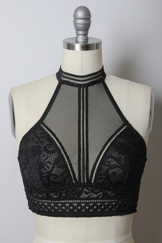 Lace Mesh High-Neck Choker Bohemian Crop Top Wireless Women's Bralette Bra
