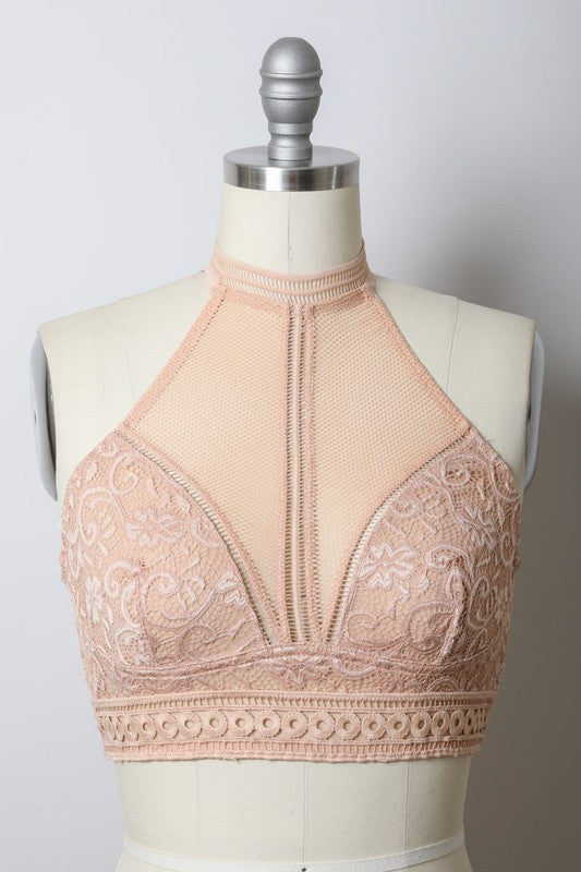 Lace Mesh High-Neck Choker Bohemian Crop Top Wireless Women's Bralette Bra