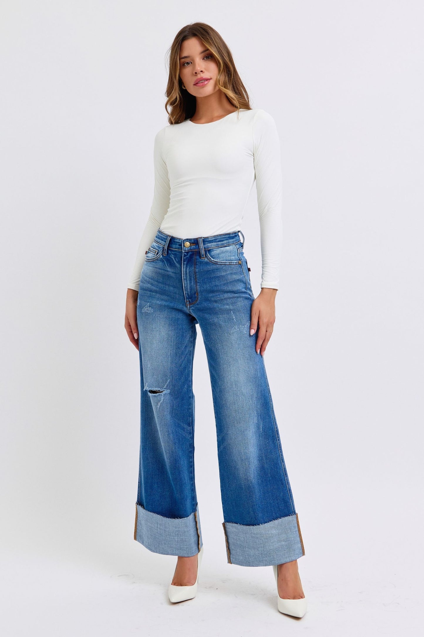 Judy Blue High-Rise Boyfriend Jeans Ultra Wide Leg Cuff Raw Hem Denim Pants