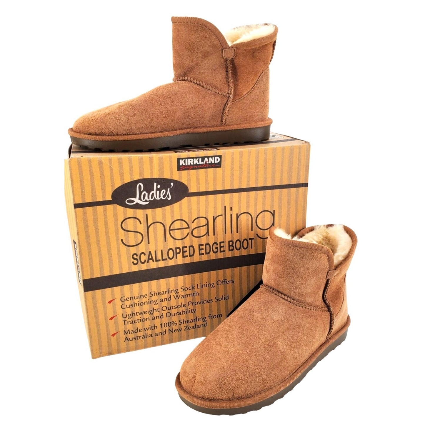 Kirkland Signature Real Fur Winter Boot Womens Shearling Sheepskin Suede Scalloped Fold Over Outdoor Shoes