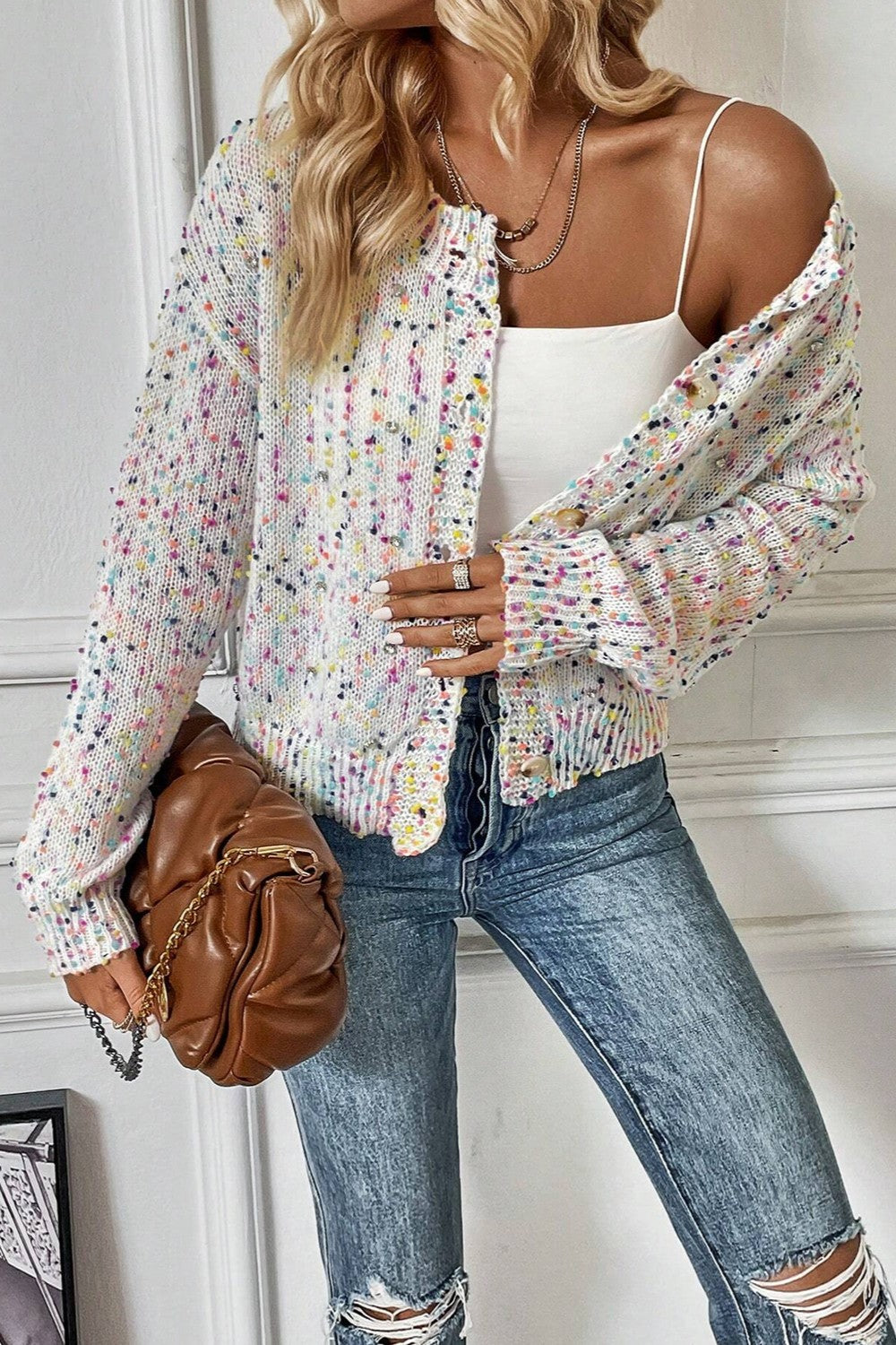 Colorful Popcorn Confetti Knit Cardigan Long Sleeve Round Neck Button-Up Sweater