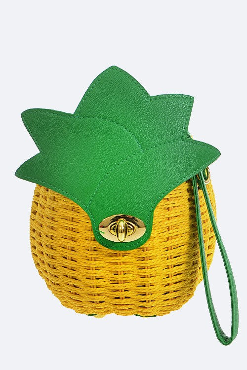 Pineapple Purse Woven Basket Convertible Clutch Crossbody Fruit Novelty Bag Vegan Fun Eclectic