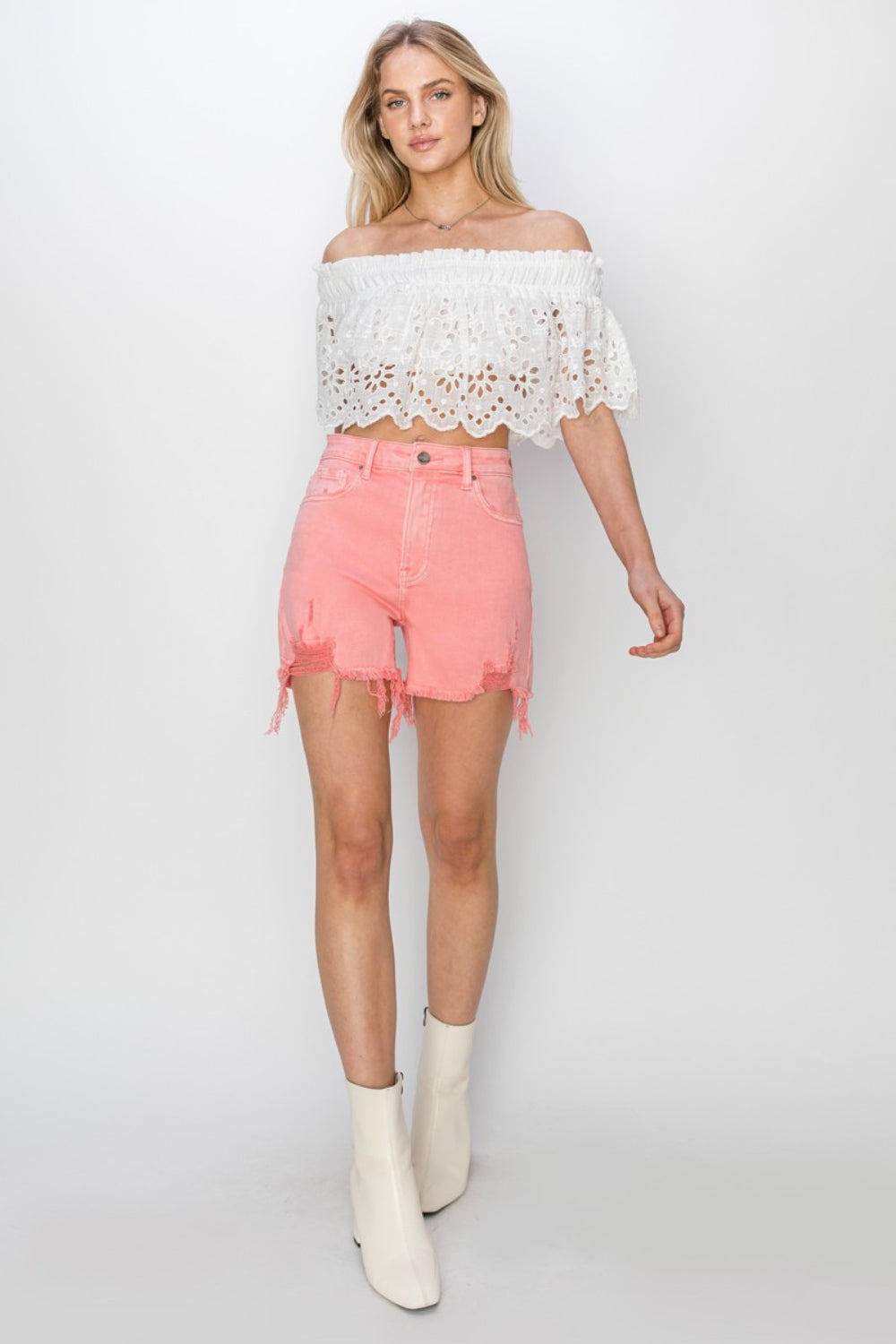 Pink High Rise Waist Distressed Denim Cut-off Frayed Mid-length Jean Shorts RISEN