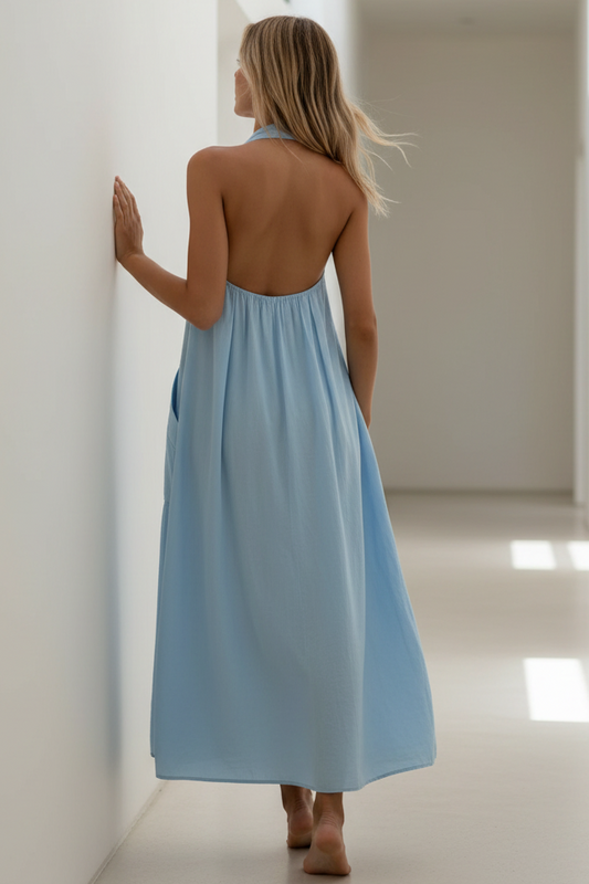 Oversized Baggy Patch Pocket Halter Neck Plunging V-Neck Backless Boho Midi Dress