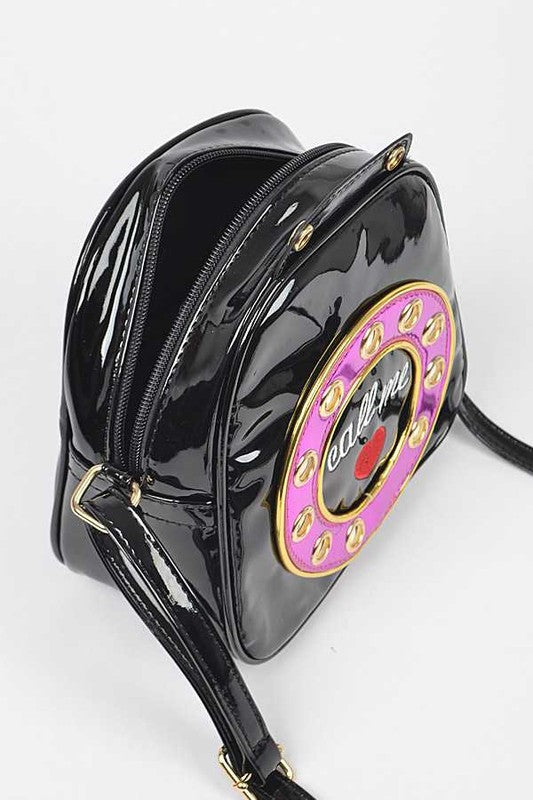 Retro Vintage Purse Rotary Phone Novelty Bag Crossbody Shoulder Vegan Patent Leather Fun Eclectic