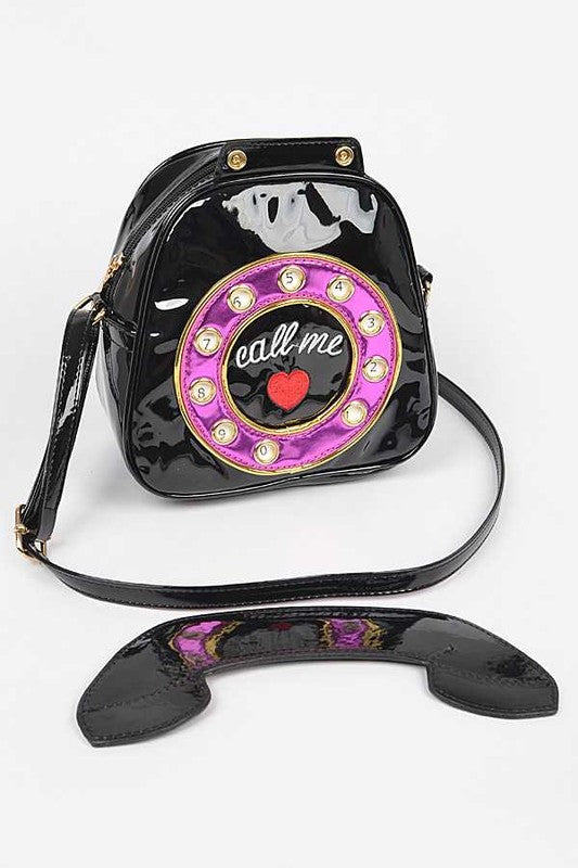 Retro Vintage Purse Rotary Phone Novelty Bag Crossbody Shoulder Vegan Patent Leather Fun Eclectic