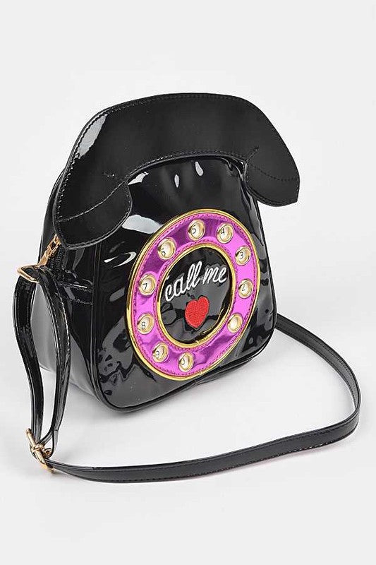 Retro Vintage Purse Rotary Phone Novelty Bag Crossbody Shoulder Vegan Patent Leather Fun Eclectic
