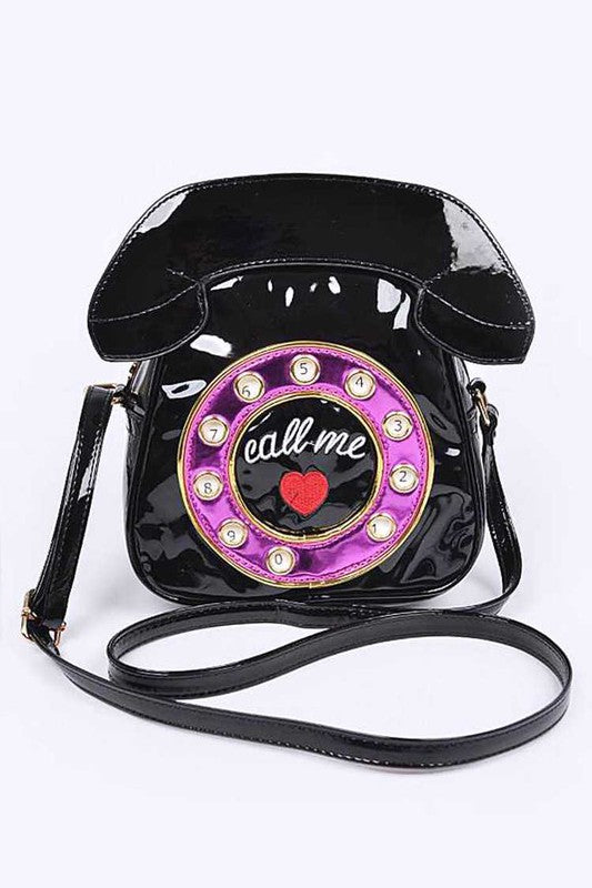 Retro Vintage Purse Rotary Phone Novelty Bag Crossbody Shoulder Vegan Patent Leather Fun Eclectic