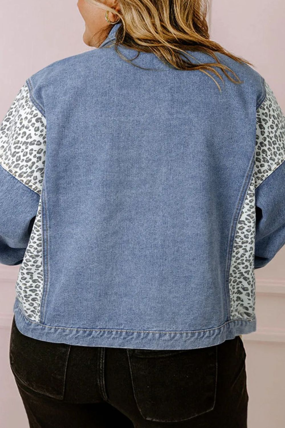 Leopard Print Patchwork Denim Long-sleeve Blue Jean Snap Jacket Plus Size