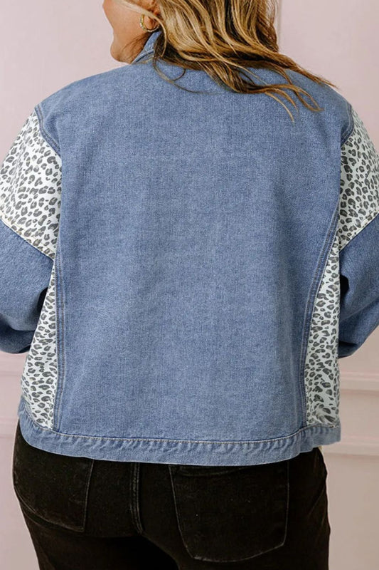 Leopard Print Patchwork Denim Long-sleeve Blue Jean Snap Jacket Plus Size