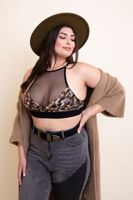 Mesh High-Neck Crop Top Wireless Elastic Underbust Cross Back Bralette Plus Size