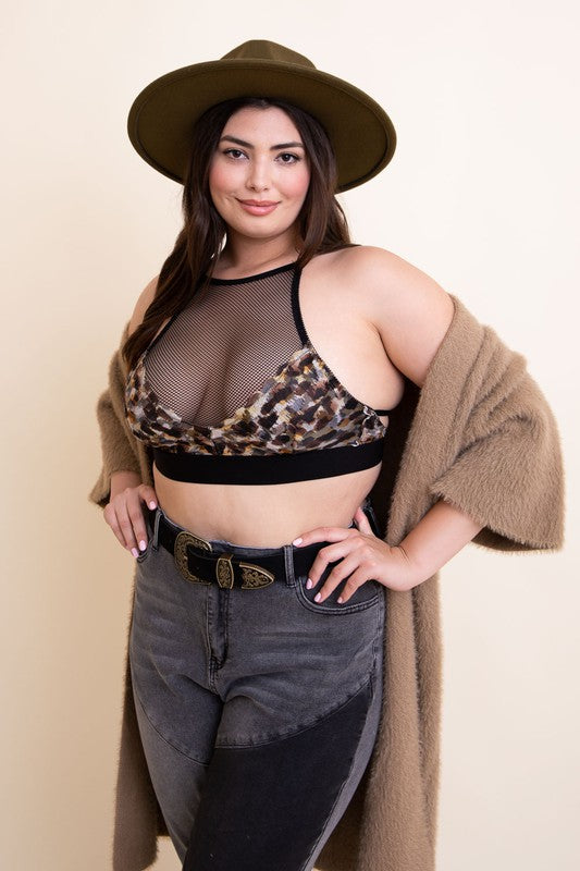Mesh High-Neck Crop Top Wireless Elastic Underbust Cross Back Bralette Plus Size